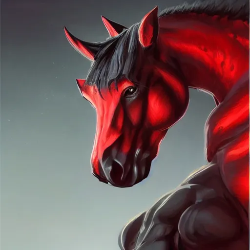 Prompt: a hulking musclebound male anthro horse wearing a tactical suit in a research facility, black suit with red highlights, exaggerated physique, highly detailed, anthro art, furaffinity, digital painting, artstation, sharp focus, smooth, concept art, illustration, art by artgerm, greg rutkowski, wlop