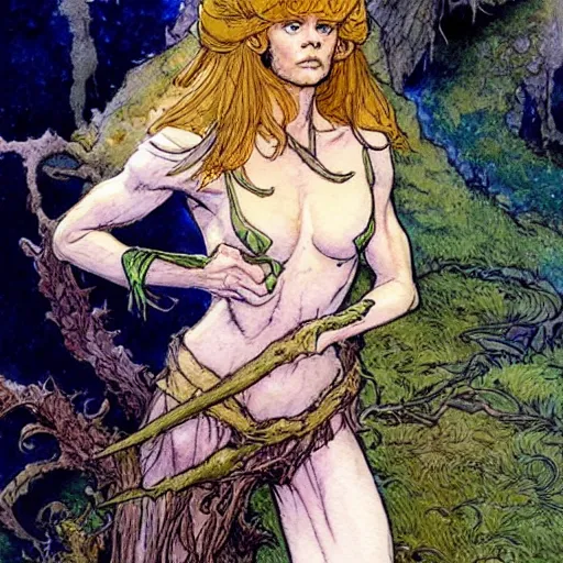 Image similar to a realistic and atmospheric watercolour fantasy character concept art upper body image of a young jane fonda in her 2 0 s posing as a druidic warrior wizard looking at the camera with an intelligent gaze by rebecca guay, michael kaluta, charles vess and jean moebius giraud