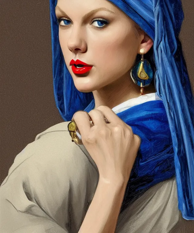 Image similar to Taylor Swift as the girl with the pearl earring, highly detailed, digital painting, artstation, concept art, smooth, sharp focus, illustration, ArtStation, art by artgerm and greg rutkowski and alphonse mucha and J. C. Leyendecker and Edmund Blair Leighton and Katsuhiro Otomo and Geof Darrow and Phil hale and Ashley wood and Ilya repin and Charlie Bowater