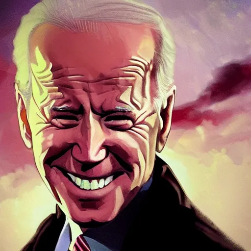 Image similar to joe biden smiling with blood in his face while behind him the world is burning, dramatic lighting, cinematic, establishing shot, extremly high detail, photorealistic, cinematic lighting, artstation, style by James Gurney