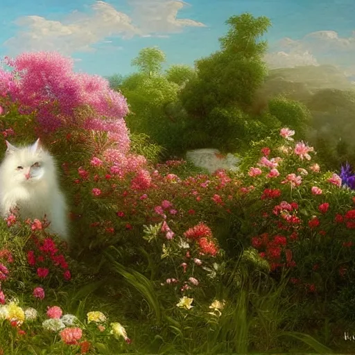 Prompt: large white fluffy cat surrounded by flowers, Thomas Cole, artgem, Tyler Edlin and Jean Delville, wide angle, minimalistic, highly detailed, masterpiece