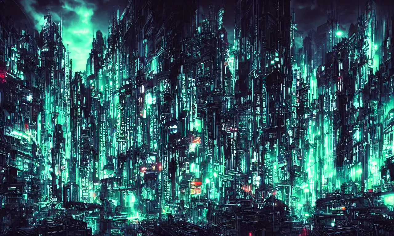 Image similar to gothic cyberpunk cityscape, neon, chrome