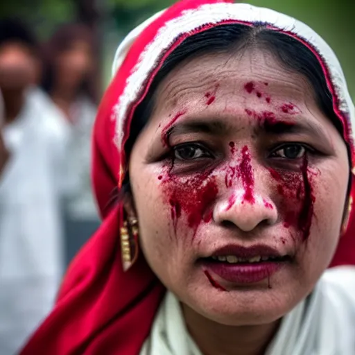 Prompt: a nepali woman wearing a white shawl covered in blood, realistic