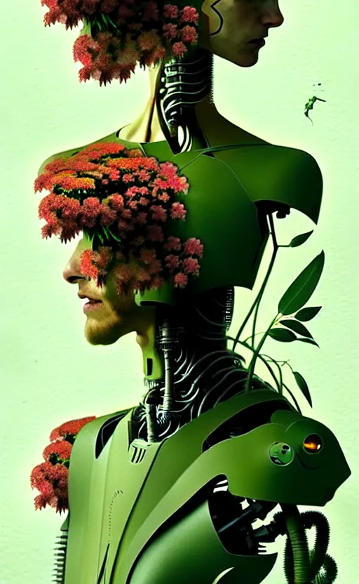 Image similar to a cyborg in some plants with flowers for a face by satoshi kon and greg rutkowski, 7 0's vintage sci - fi flat surreal design