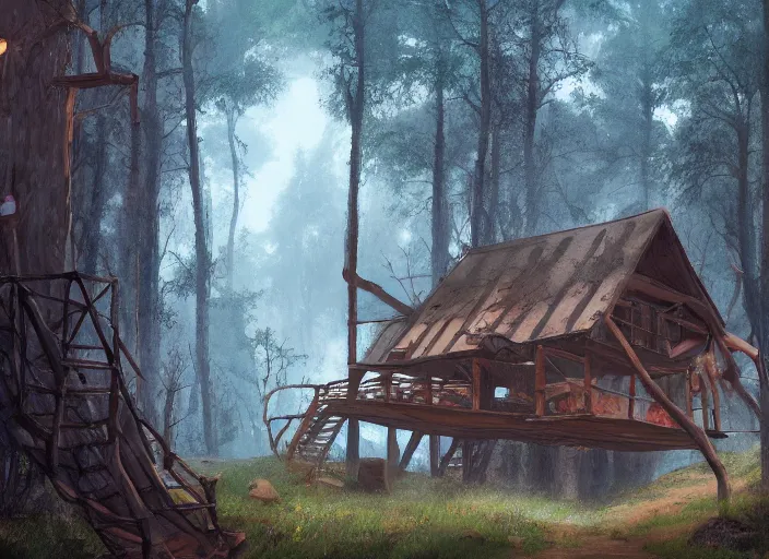 Prompt: a rustic multi-story ramshackle hut in a mystical forest full of wonders, pine trees, magical atmosphere, trending on artstation, 30mm, by Noah Bradley trending on ArtStation, deviantart, high detail, stylized portrait