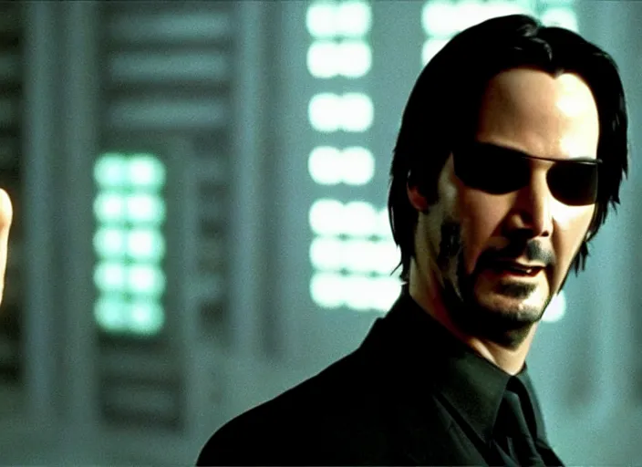 Image similar to A photo of Keanu Reeves as Neo in The Matrix movie doing a thumb up to the camera in front on burning servers, servers in flames in the background, doing a thumb up, The Matrix servers on fire, uncropped, full body, crispy, symmetrical face, ultra detailed, cinematic