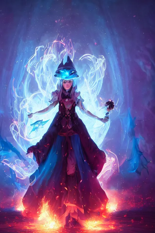 Image similar to a fancy portrait of a beautiful dark magician girl wearing a large witches hat covered in light blue flames flames by Greg Rutkowski, Sung Choi, Mitchell Mohrhauser, Maciej Kuciara, Johnson Ting, Maxim Verehin, Peter Konig, final fantasy , mythical, 8k photorealistic, cinematic lighting, HD, high details, atmospheric,