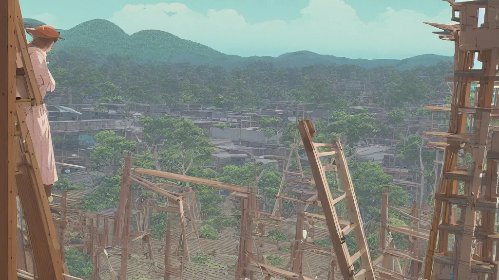 Prompt: In the scaffold construction tower I radioed my friend a code that I spotted a plot of land in the distance, screen print by Kawase Hasui and dan hillier, 8k unreal engine