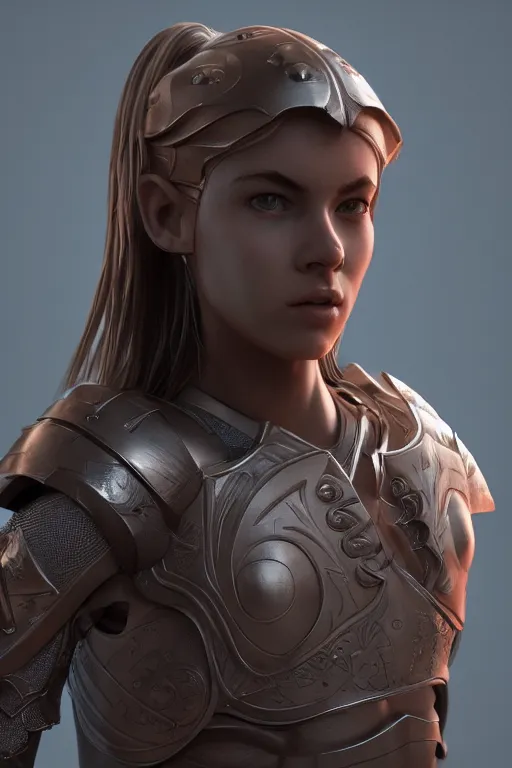 Image similar to a highly detailed sculpt of athletic girl in armor, concept design, cinematic light, featured on artstation, octane render, path tracing, sharp focus, 4 k