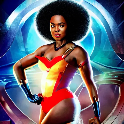 Prompt: a 1950s black superhero queen with an afro wearing thigh high white heels leaps into the time pool on the poster art for this new super hero movie, digital art, concept, high detail 4k