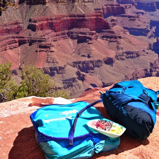 Prompt: im sitting at the bottom of the grand canyon having a picnic, photograph, 8 k, award winning