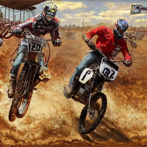 Image similar to erzberg rodeo off road motorcycle race in a dante's inferno, realistic painting art, super detailed, 2 riders are chasing each other