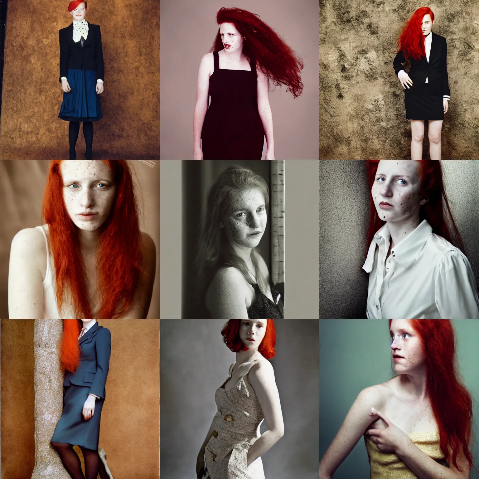 Prompt: photo of a twenty year old woman in formal clothes taken by annie leibovitz, red hair, freckles