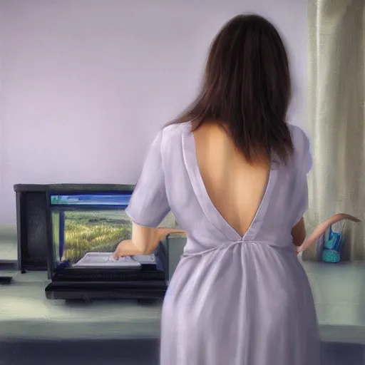 Image similar to oil painting, full room view, skinny female artist back view, dark hair, pale grey babydoll dress with 3d flowers, typing on a computer keyboard facing a giant wall size computer screen