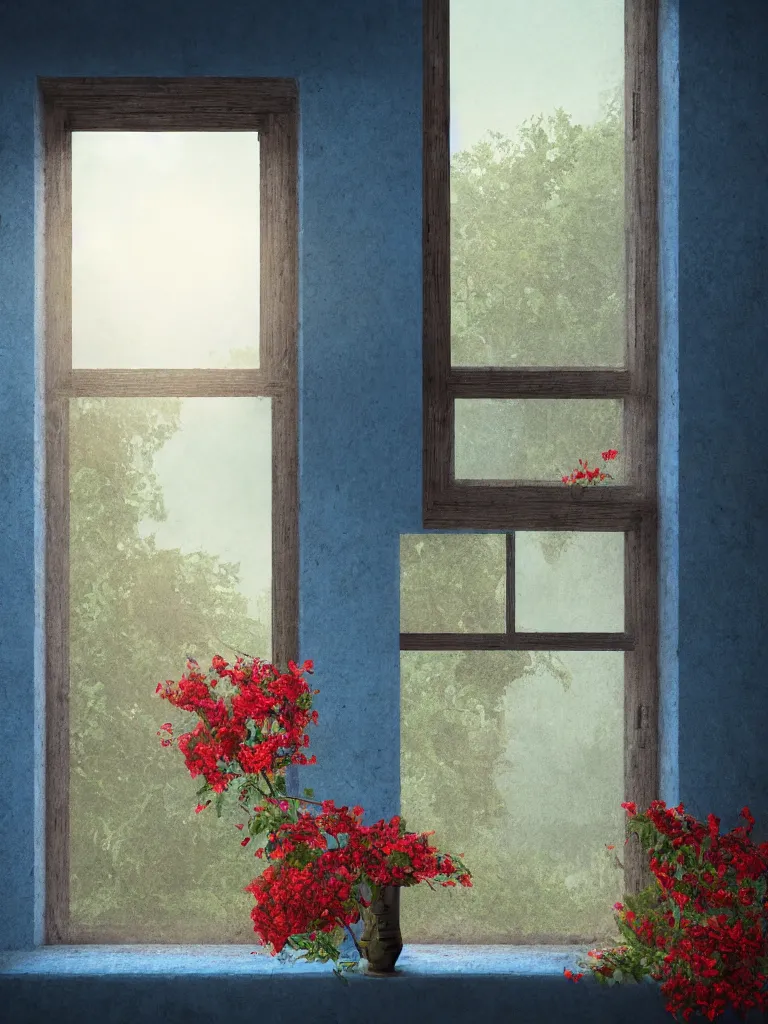 Image similar to a old house window with a vase of red flowers with view to a sunrise, blue wall, a wooden chair near the window, concept art, octane render, unreal engine 5, trending on deviantart, highly detailed, high quality, hd, digital painting, masterpiece, geometric, symmetrical, low contrast, beautiful, high coherence, natural lighting, intense lighting