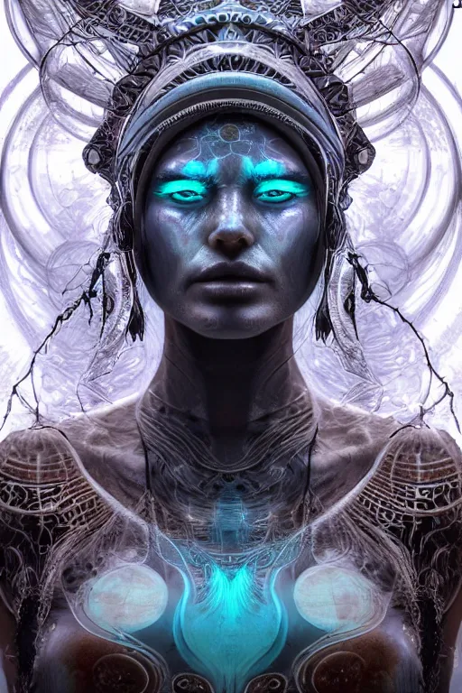 Image similar to a centered render of an ancient futuristic shaman with digital modifications surrounded by a underwater ink pour and flowing liquid gallium and complex sacred geometry, perfect body and face, powerful, cinematic, beautifully lit, by artgerm, by karol bak, 3 d, trending on artstation, octane render, 8 k