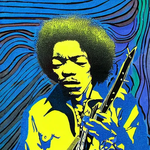 Image similar to artwork by Moebius showing Jimi Hendrix sitting on the rings of Saturn playing his electric guitar