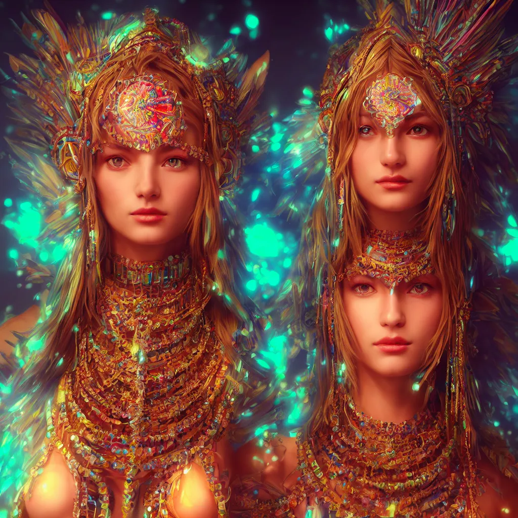 Image similar to portrait highly detailed beautiful symmetrical face high priestess intricate elegant detailed crystal jewellery with tribal feathers, lush colourful volumetric lighting, anime digital painting, concept art, smooth, sharp focus 3 d, divine realm of gods, realistic cinematic style, octane render, photographic, unreal engine 8 k