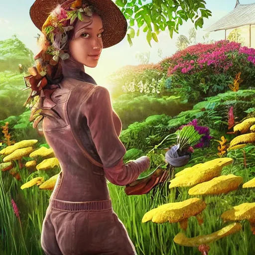 Image similar to slightly rusty nonhuman robot gardener in a straw hat, waters flowers, highly detailed, texture, background greenhouse, mild dreamy professional lighting, digital art, smooth, sharp focus, illustration, wide angle shot, full body visible, art by artgerm, by rutkowsky, from Treasure Planet,