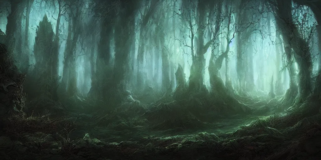 Image similar to beautiful matte painting of a fantasy dark forest at night