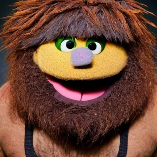 Image similar to a still of a forgotten muppet character looking very manly and modern, hilarious, laughing, hairy chest, huge chin, manly monster tough guy, roughled fur, photo real, photographic, photograph, artstation, trending, featured