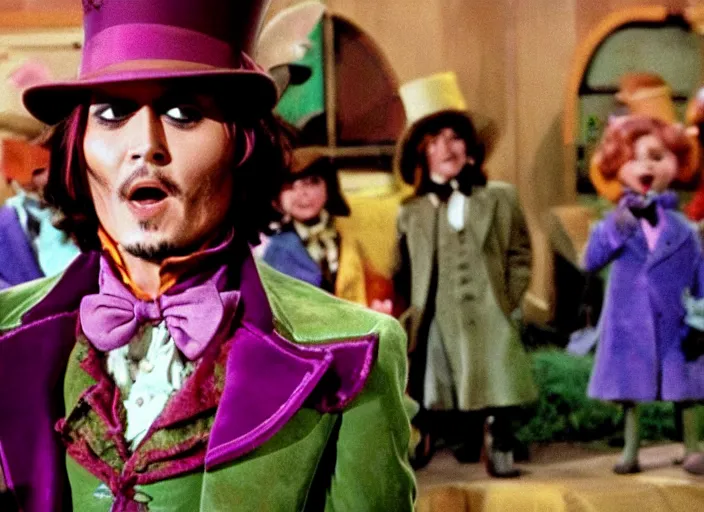 Image similar to film still of Johnny Depp as Willy Wonka in Willy Wonka and the Chocolate Factory 1971