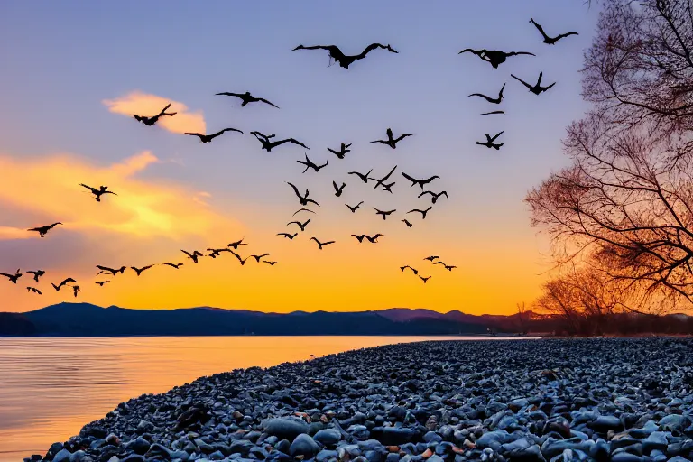 Image similar to beautiful landscape photo of a lake with mountains in the background, dusk, two cranes flying across the sun, sun rays hitting the pebbles in the foreground and the lake, 35mm, low angle, rule of thirds