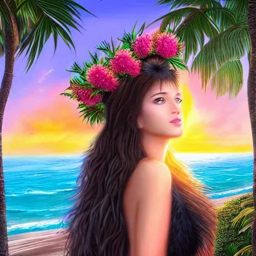 Image similar to oil painting portrait of a long haired fluffy black cat wearing flower crown and lei necklace gazing at a sunset over the ocean on tropical island background with palm trees digital art, concept art, highly detailed, 3-D 4k, trending on art station, Mark Brooks,