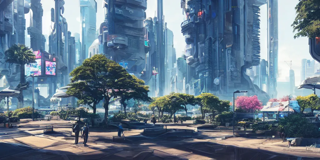 Prompt: professional photo from the streets of a futuristic utopian cyberpunk thriving city with botanical gardens, advanced economy, tree varieties, 4k, highly detailed, Unreal Engine, ray trace, octane render