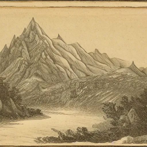 Prompt: Mountain range landscape with a castle, manuscript