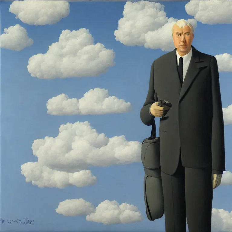 Image similar to portrait of a man made out of clouds in a suit, by rene magritte, detailed painting, hd, hq, high resolution, high detail, 4 k, 8 k