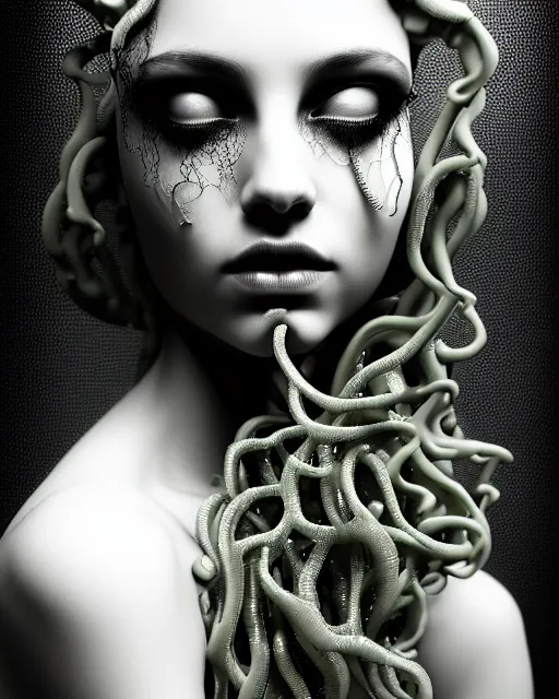 Image similar to surreal mythical dreamy dark artistic black and white fine art photo of a beautiful young female angel - medusa - mermaid - cyborg covered with translucent algae, highly detailed, lace web, rim light, cinematic, studio dramatic light, poetic, octane render, 8 k, photo - realistic, by floria sigismondi