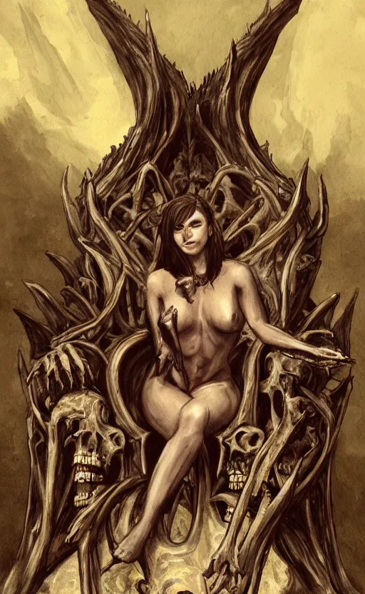 Image similar to a mesmerizing succubus sitting in a relaxed pose on her throne of bones in hell,