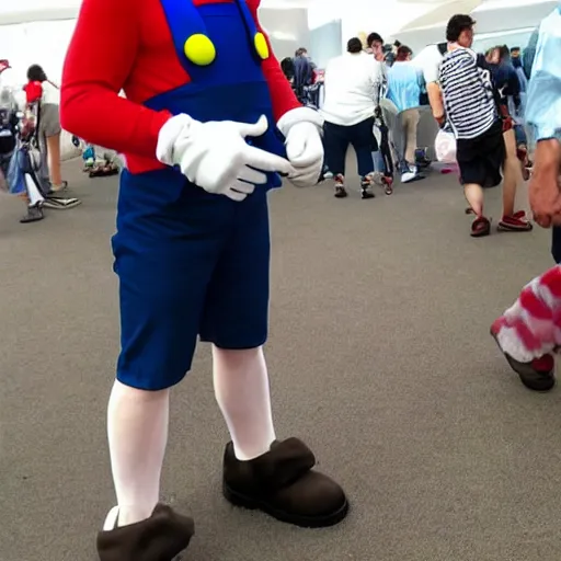 Prompt: a man poorly cosplaying as mario