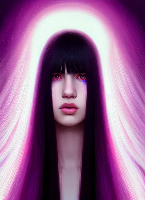 Image similar to hair whitebangs hair, black hair, whitebangs, portrait of teenage girl with white bangs, red irises, purple clothes, white bangs, bangs are different color from hair, intricate, elegant, glowing lights, highly detailed, digital painting, artstation, concept art, smooth, sharp focus, illustration, art by wlop, mars ravelo and greg rutkowski
