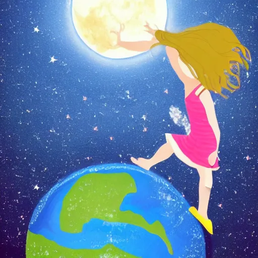 Prompt: There is a flat planet earth. On the edge of this planet A little girl with blonde hair sits with her legs hanging over the edge of a flat planet earth. The little girl is in profile. She looks at the stars, the galaxy, the moon, the shooting stars