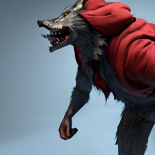 Image similar to werewolf bersus red riding hood, 3d scene, zenith view, Richard Corben, artstation, cgsociety, unreal engine, ultra realistic