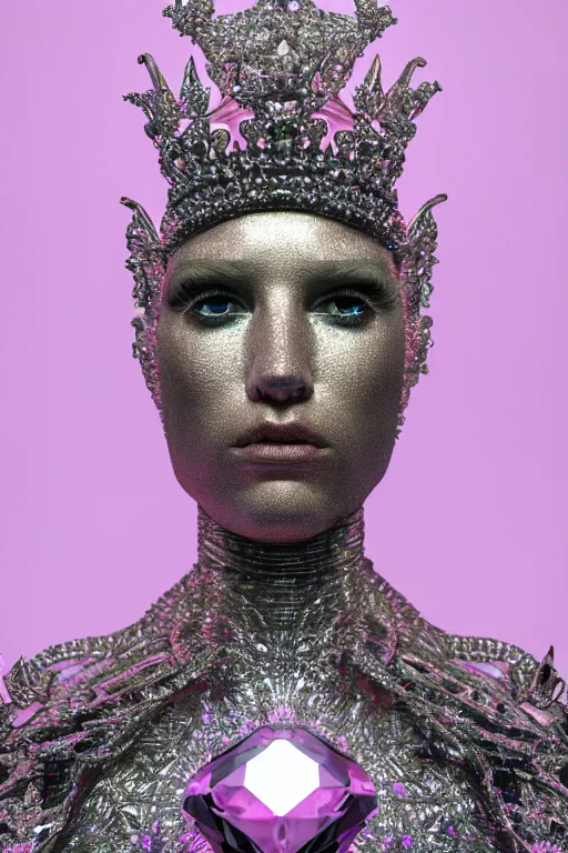 Image similar to hyper detailed ultra sharp portrait of baroque and bladerunner delicate glowing diamond sculpture of seductive muscular albino young spanish rock and roll king, pink diamond black metallic sphinx iridescent humanoid deity wearing black cloak holding a prismatic gem, glowing pink face, crown of white diamonds, cinematic lighting, photorealistic, octane render 8 k depth of field 3 d