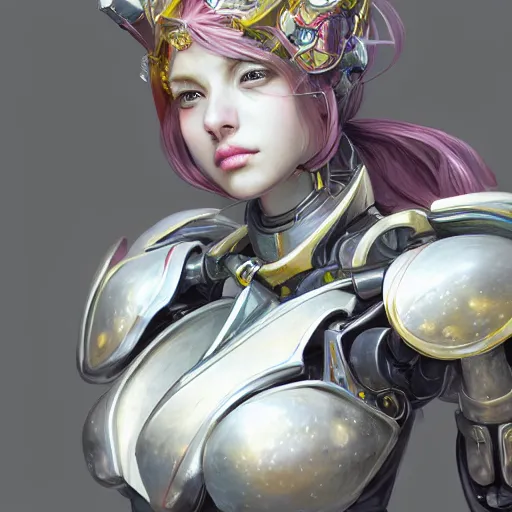 Image similar to studio portrait of lawful good colorful female holy mecha paladin absurdly beautiful, elegant, young sensual graceful woman, ultrafine hyperrealistic detailed face illustration by kim jung gi, irakli nadar, intricate linework, sharp focus, bright colors, matte, octopath traveler, final fantasy, unreal engine highly rendered, global illumination, radiant light, intricate environment