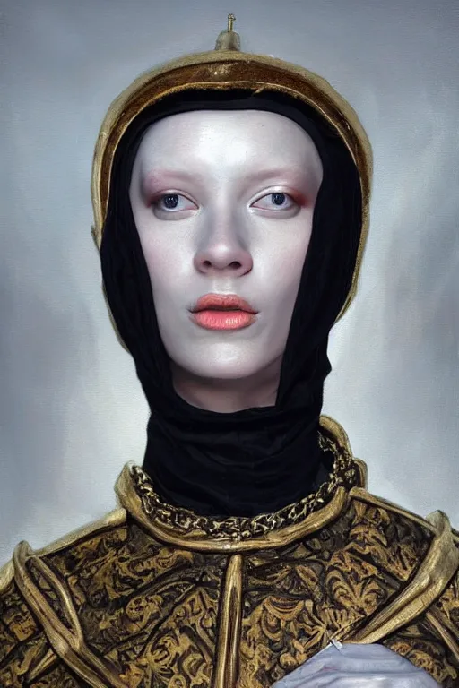 Image similar to hyperrealism oil painting, close - up portrait of albino medieval fashion model, black silk, steel gradient mixed with nebula sky, in style of baroque