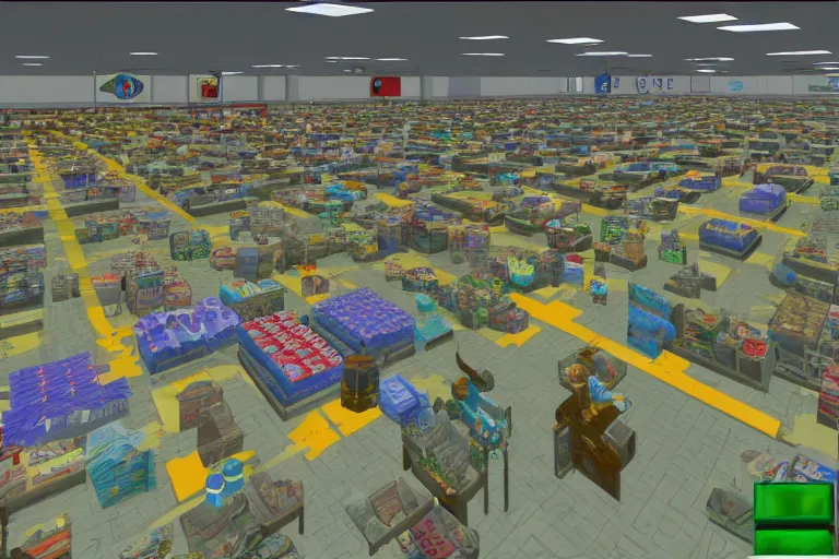 Image similar to flooded walmart in a nintendo 64 game, ps1 screenshot, ocarina of time screenshot