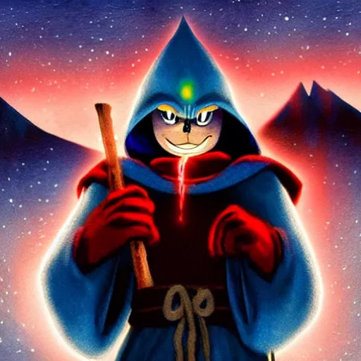 Prompt: red headed woman dressed in dark blue wizard robes holding a wooden staff covered in glowing red runes topped with a glowing gem. background of snowy mountains. fantasy painting. sonic the hedgehog is also there