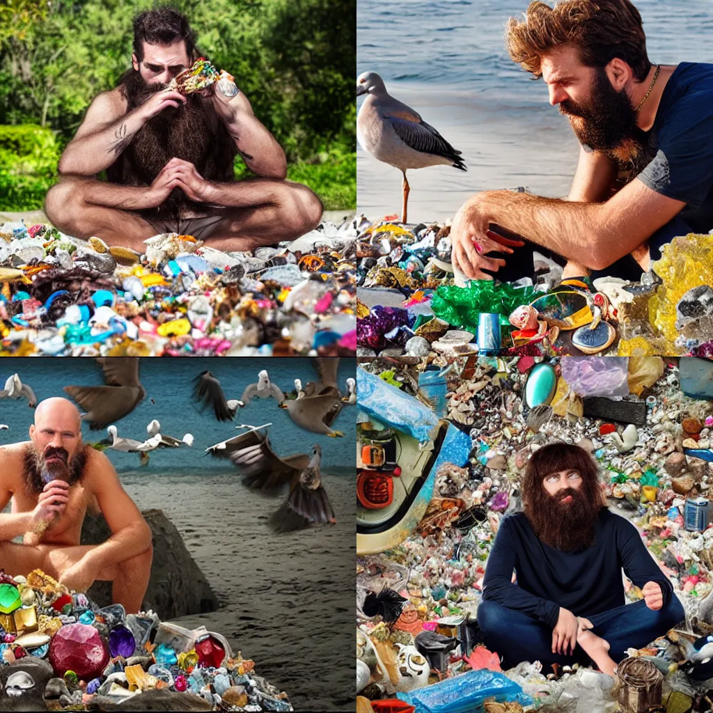 Prompt: hairy man eating trash scraps surrounded by gems and treasure with seagulls on treasure 4k