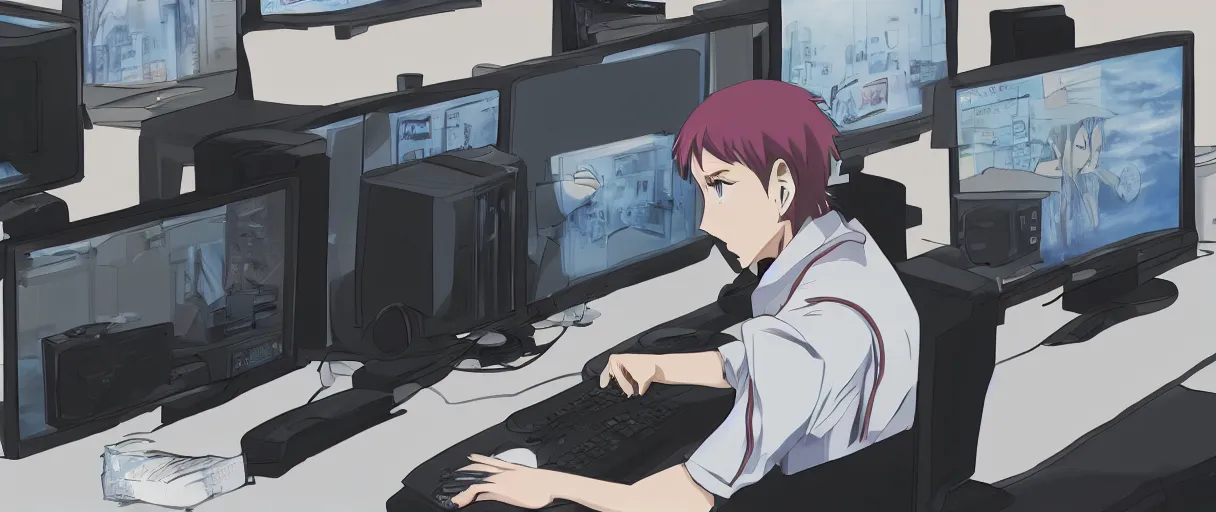 Image similar to anime drawing, a man at a desk with ten different computer monitors, his face flat on the keyboard, sound asleep