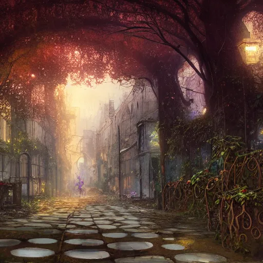 Prompt: an animation of the streets of an abandoned crumbling city overgrown by flowers and vines by Tyler Edlin and Jean Delville and John Aktinson Grimshaw and Robert Hubert, german romanticism style, oil on canvas, cinematic lighting, vibrant, hdr, concept art, water reflections