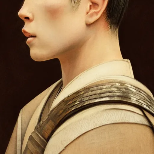 Prompt: side portrait of a young samurai warrior, in armor, headshot, hyper realistic, pale skin, 4k, rule of thirds, extreme detail, detailed drawing, trending artstation, hd, fantasy, D&D, realistic lighting, by Alphonse Mucha, Greg Rutkowski, sharp focus, backlit, elegant