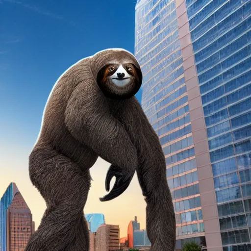 Prompt: Giant sloth attacking downtown Dallas, hyperrealistic, horror