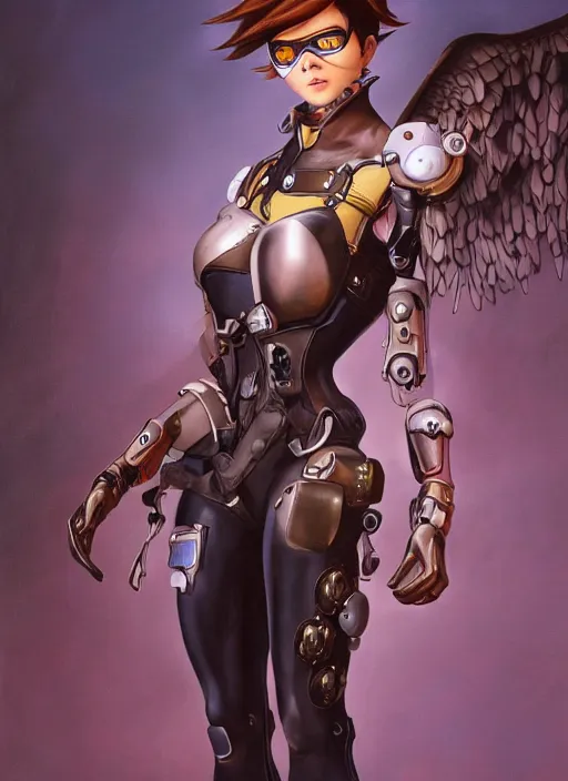 Prompt: full body artwork of tracer overwatch, wearing leather outfit, in style of zdzisław beksinski, angel wings, dramatic painting, wearing detailed steel collar, black shiny armor, chains, black harness, detailed face and eyes,