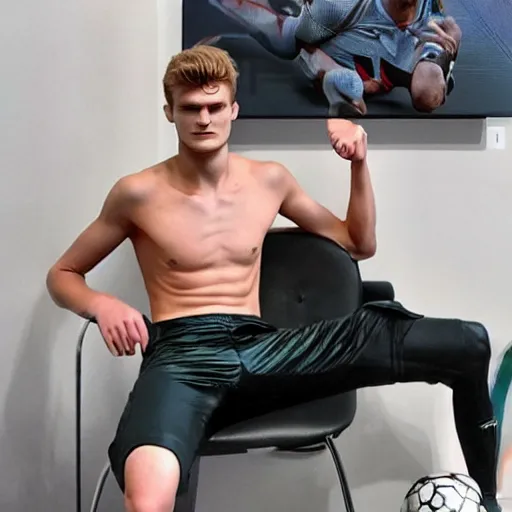 Image similar to a realistic detailed photo of a guy who is an attractive humanoid who is half robot and half humanoid, who is a male android, soccer players martin ødegaard & timo werner, shiny skin, posing like a statue, blank stare, in a living room, on display, showing off his muscles, gold soccer shorts, no jersey, statue, many copies of them