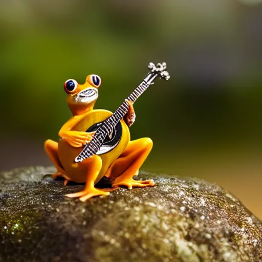 Prompt: Photograph of a frog playing a banjo on a tiny island, tilt shift lens, ultra high quality